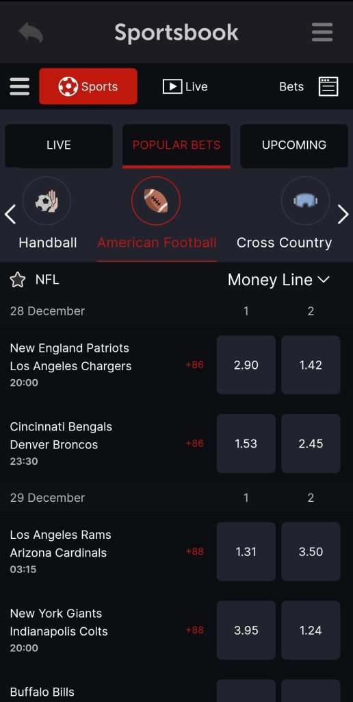 NFL football betting section at CoinPoker showing popular bets