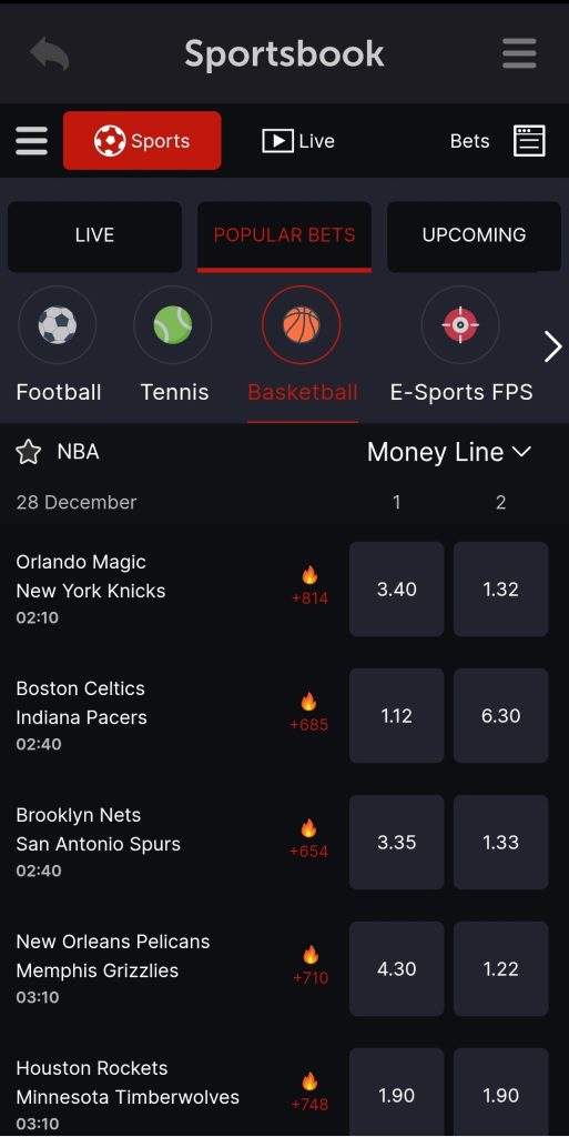 basketball & nba betting section at CoinPoker showing popular bets