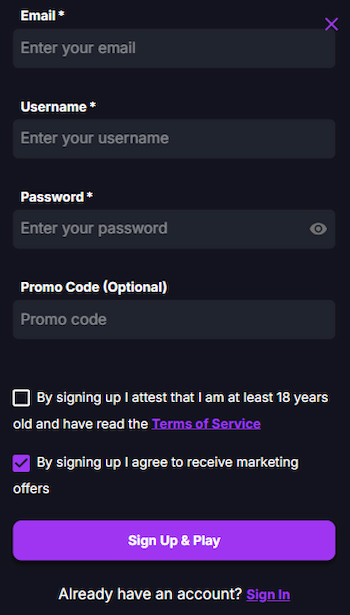 CoinCasino registration form