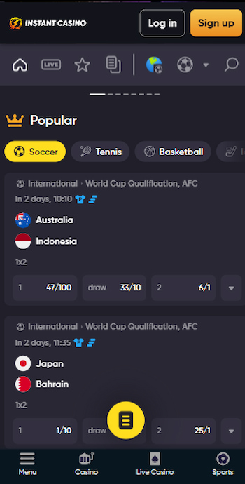 Instant Casino sports betting homepage