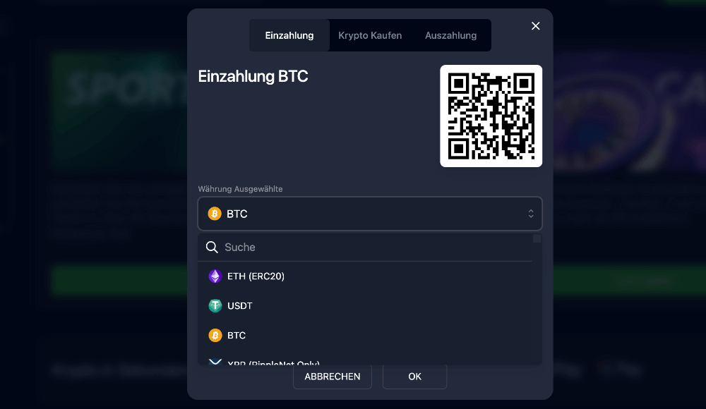 Bets.io-Kryptowaehrung-auswaehlen