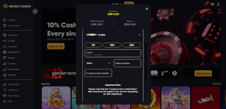 withdrawal process instant casino