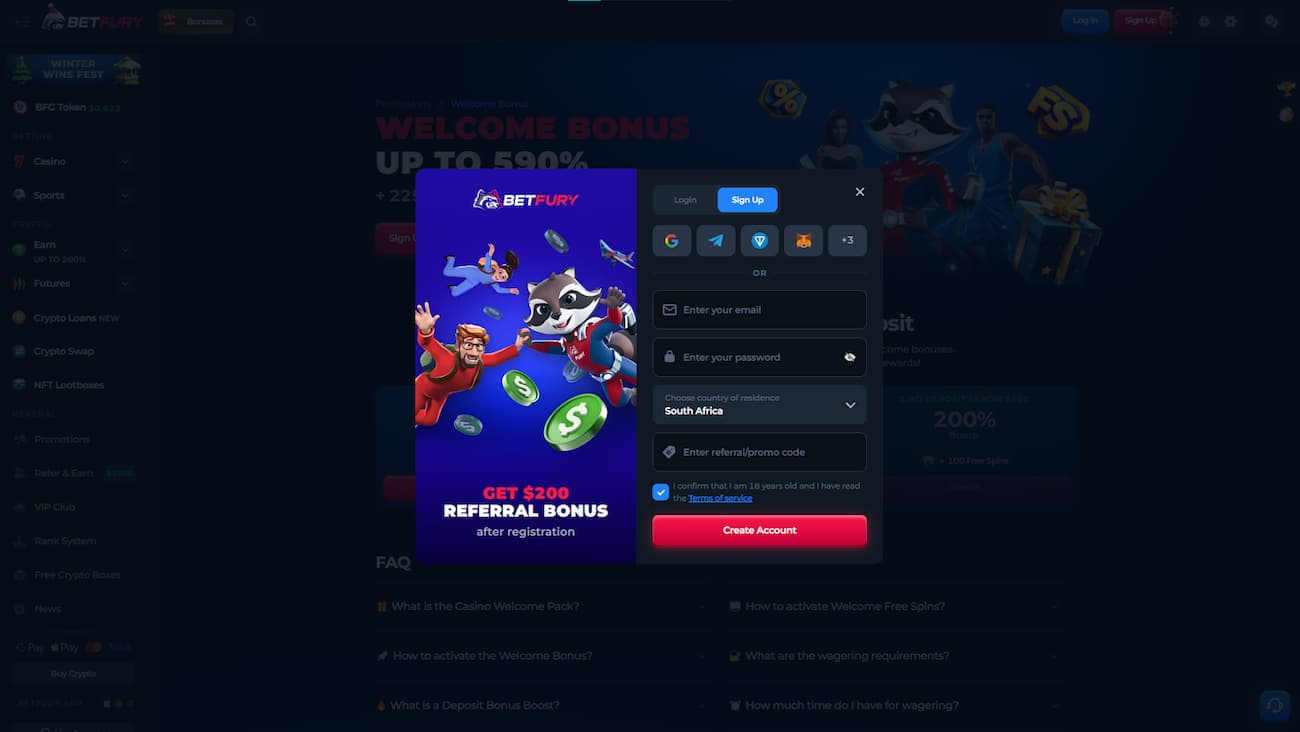 BetFury sign up page.
