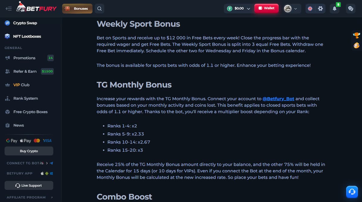 betfury's weekly sport bonus of $12,000 weekly free bets.