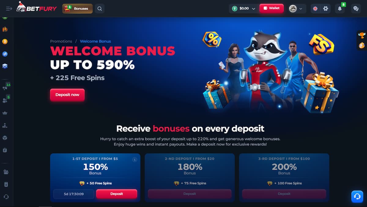 Betfury welcome bonus of 590% + 225 free spins. 