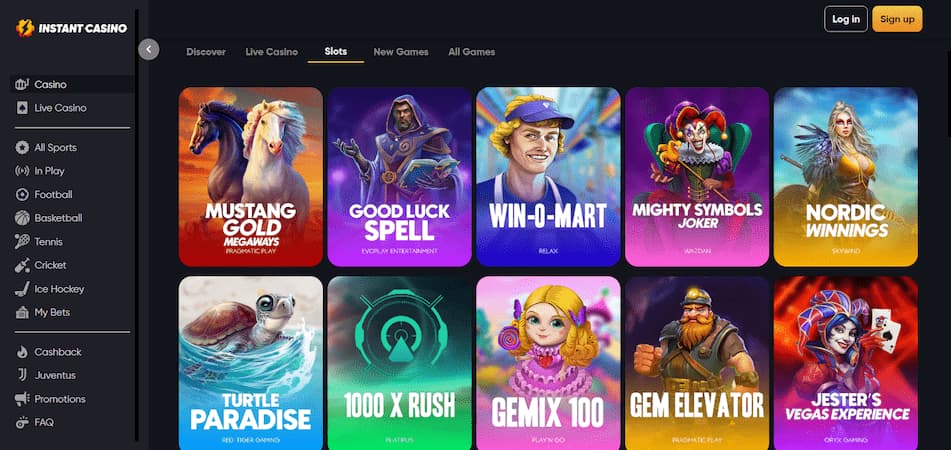 Homepage of Instant Casino for JP players showing slots varities and game menu.