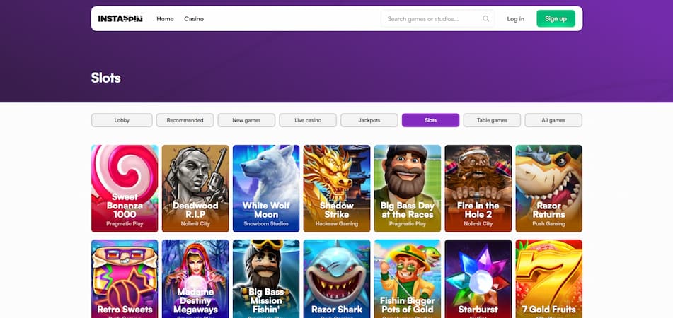 A list of common slots games on Instaspin casino.