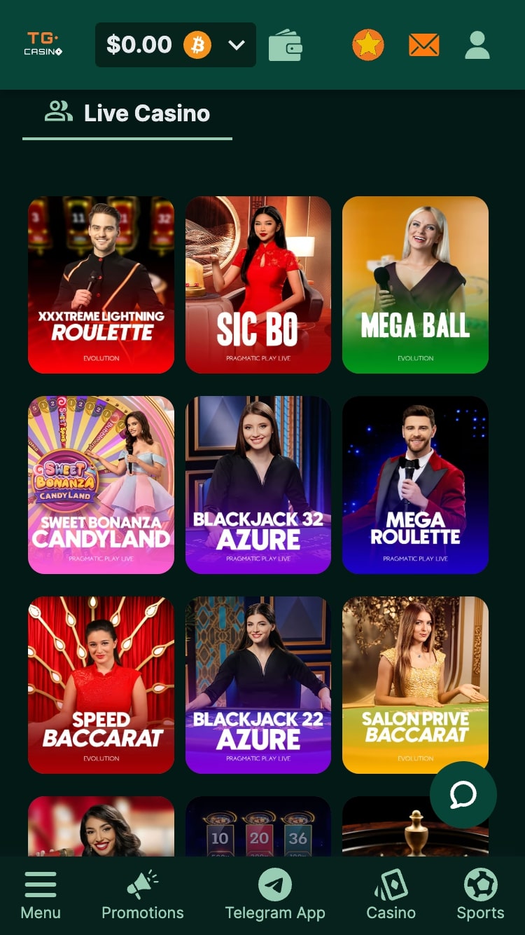 Live casino game list in TG Casino
