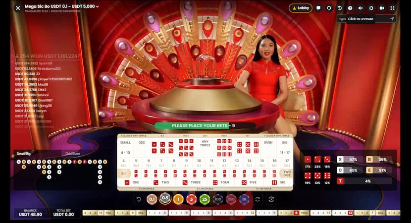 A live dealer sic bo game with bets ready to be placed