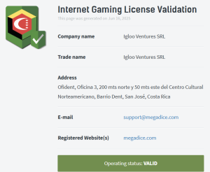 Platnost licence casina Mega Dice