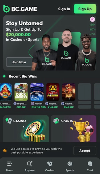 What the BC.Game mobile Canada crypto casino looks like