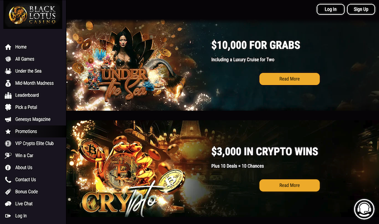 A snapshot of the casino bonus offers at Black Lotus Casino