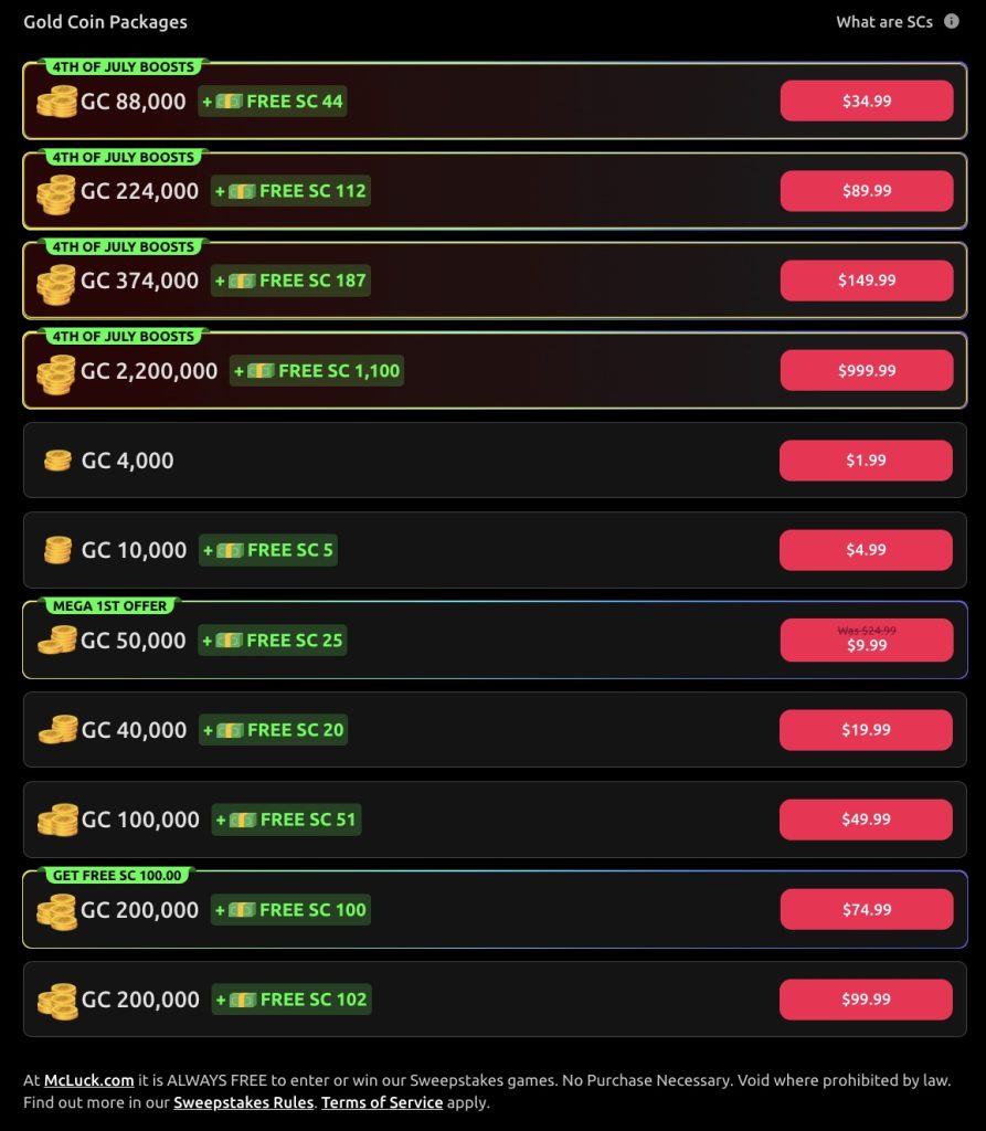 A snapshot of Coin Packages at McLuck