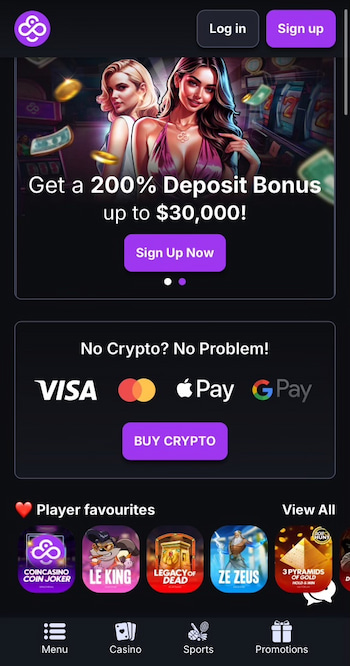 A mobile snapshot of the CoinCasino crypto Canada casino 