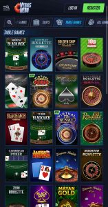 a view of the table games available at Vegas Hero
