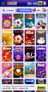 a view of crash games and specialty options at Spinbara