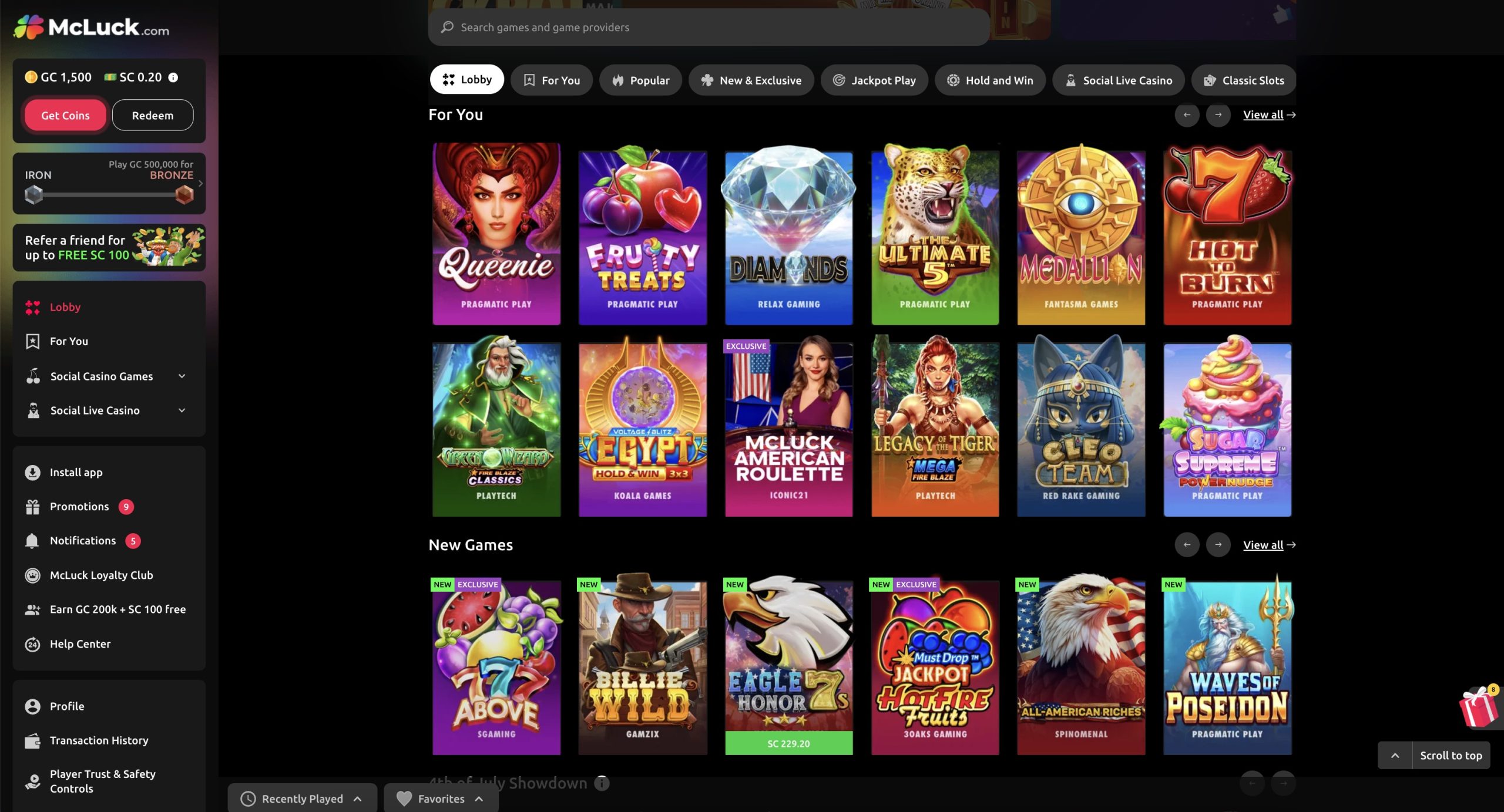 A snapshot of McLuck Casino Lobby at a top sweepstakes casino