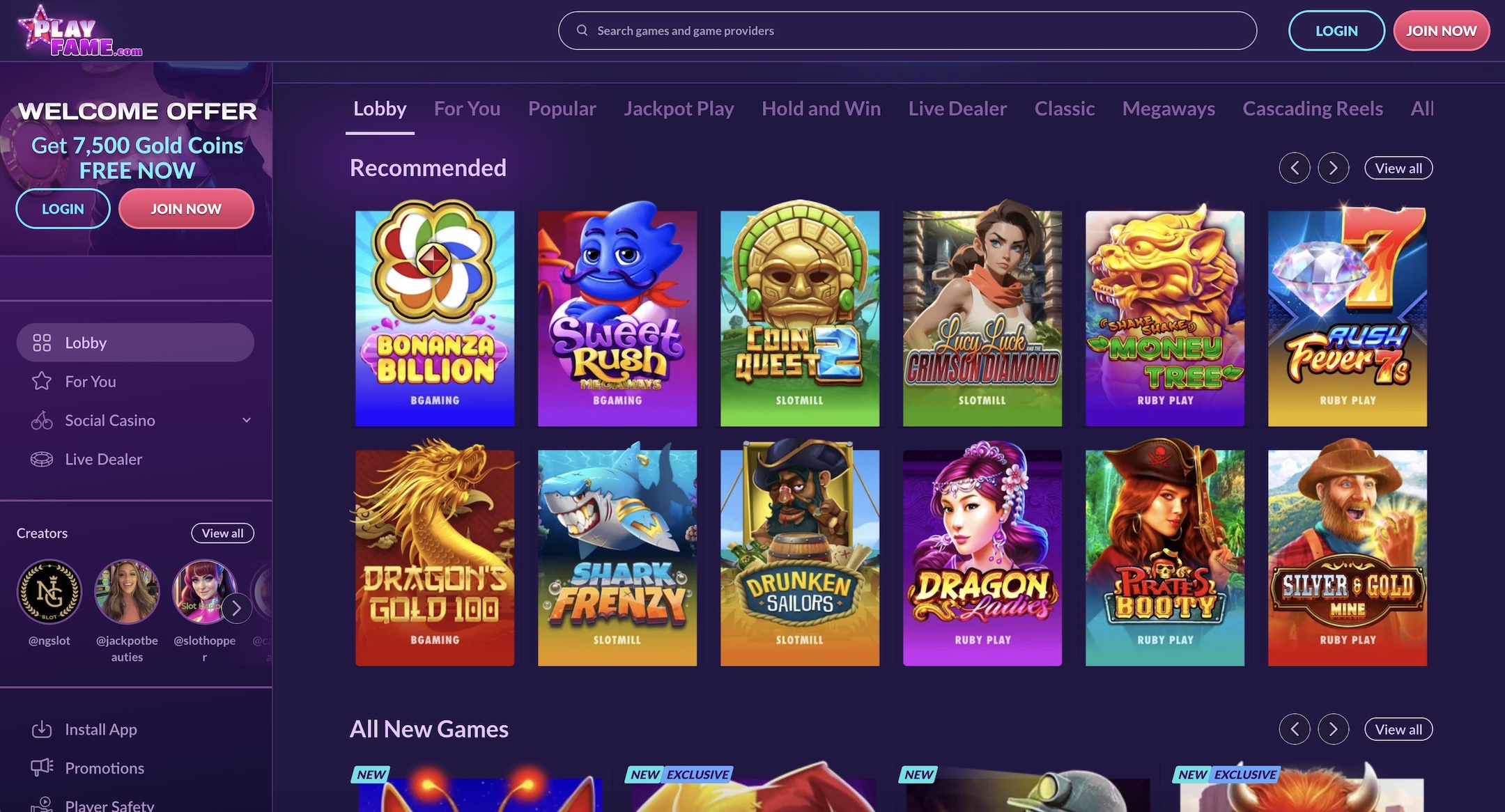 PlayFame Casino Screenshot Lobby