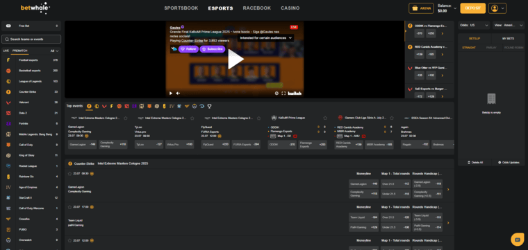  A view of the esports betting options at BetWhale