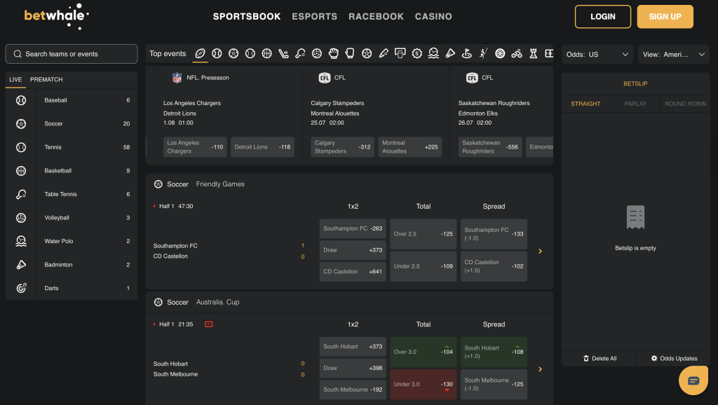 A screenshot showing a few sports betting markets at BetWhale