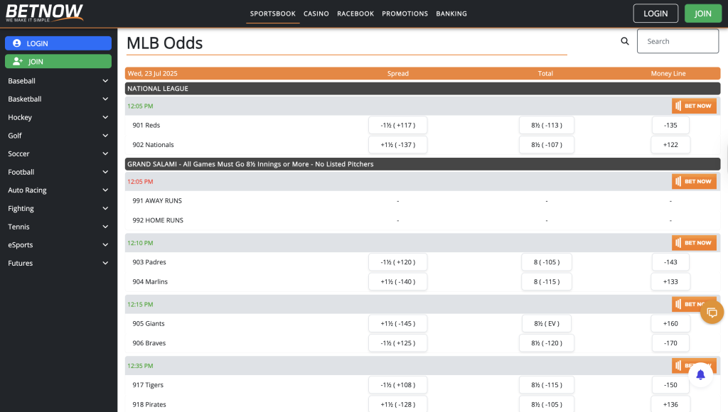 A preview of the MLB odds at BetNow Sportsbook