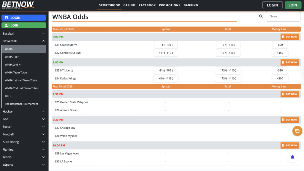 A preview of WNBA betting odds on BetNow