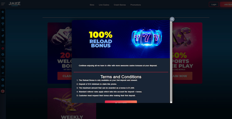 A screenshot of a 100% reload casino code bonus at JazzCasino.