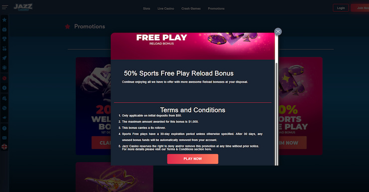 A picture highlighting a sports-specific JazzCasino casino code promotion, offering a 50% reload.