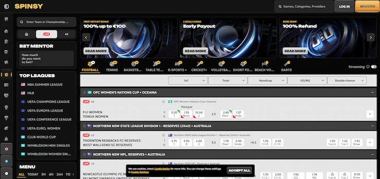 A screenshot showing the Spinsy sportsbook, with live betting optionsin Australia.