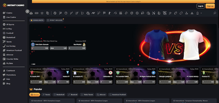 A snapshot of Instant Casino's sportsbook, the top-rated new betting site in AU.