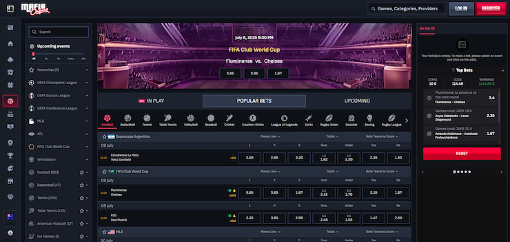 An image of the new betting site Mafia Casino, showing the sports betting section in AU.