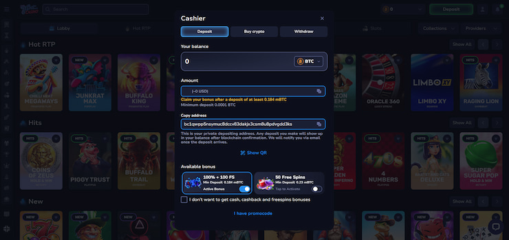 A snapshot of the 7Bit Casino page, showing the deposit page.
