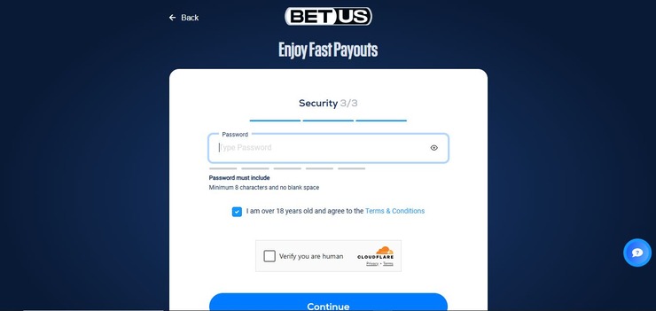 betus casino enter password on sign up