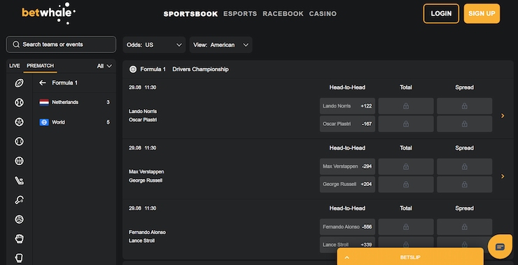 A screenshot of the F1 betting markets available at BetWhale.