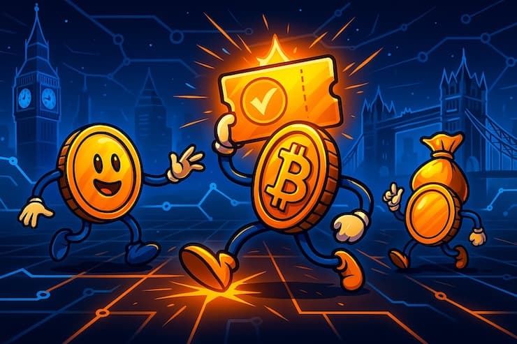 Editorial illustration of bitcoin and crypto casino UK bonuses with futuristic coin characters and slot machine.
