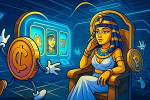 A snapshot of a futuristic digital arena showing an abstract representation of the Cleopatra slot review