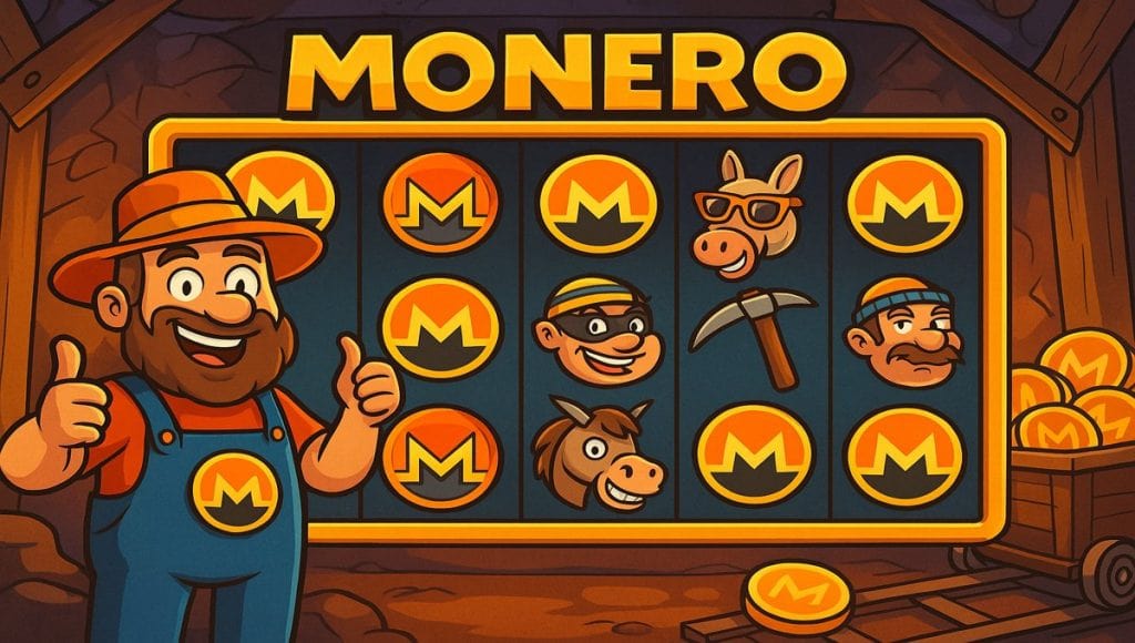 Monero-themed slot game with humorous cartoon-style graphics