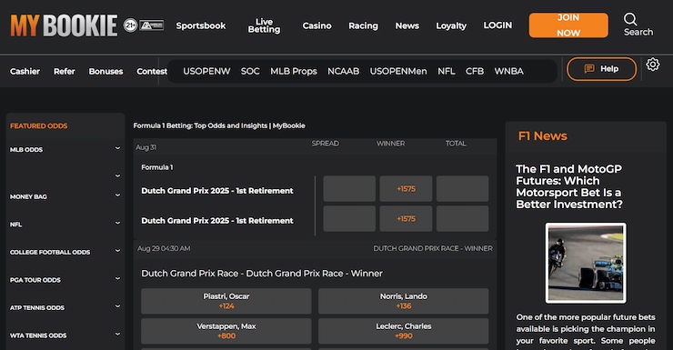 An image of the wagering markets at MyBookie for betting on F1.