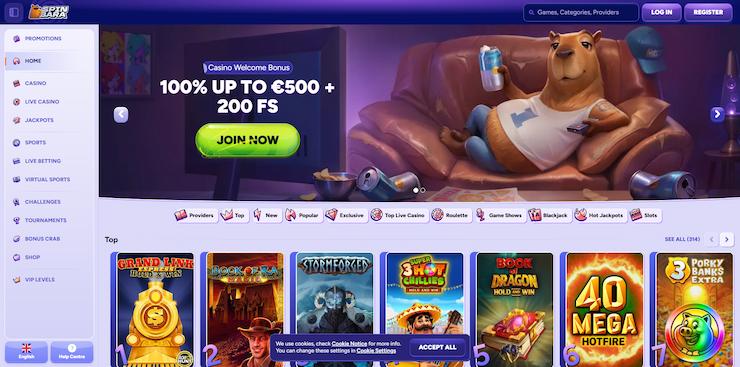 screenshot of SpinBara Casino homepage with bear mascot and €500 welcome bonus at Best Online Casino Ontario
