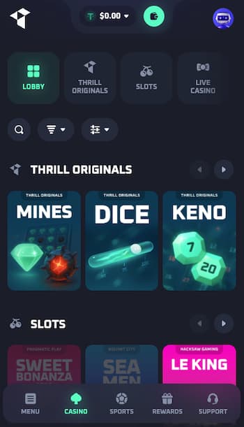 A snapshot of Thrill Casino, a top Crypto Betting Casino for US players