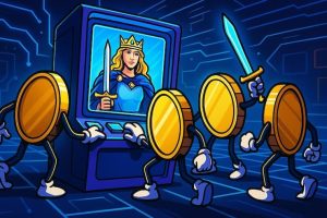 Snapshot of Avalon slot review with crypto coins facing a slot machine.
