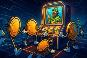 Snapshot of Big Bass Bonanza slot review with crypto coins gathered around a slot machine
