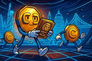 A snapshot of the Book of Dead slot review with crypto coin characters in futuristic arena