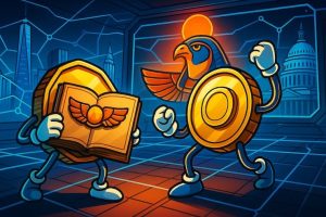 A snapshot of the Book of Ra slot review with crypto coin characters in futuristic setting