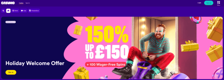 Casumo Casino welcome screen with bold bonuses and free spins, an example of user-friendly design often seen on Casinos Not on Gamstop.