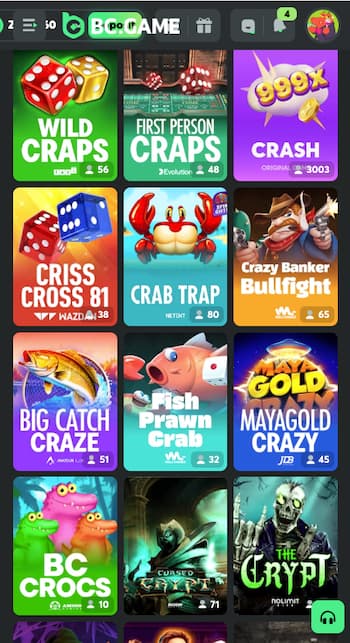 A snapshot of mobile craps at bc.game