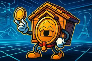 A snapshot of the Doghouse Megaways slot review with crypto coin character in digital arena