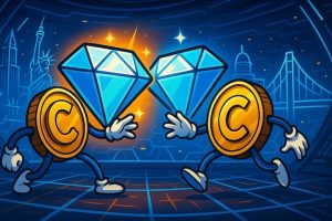 A snapshot of the Double Diamond slot review with crypto coin characters in digital arena
