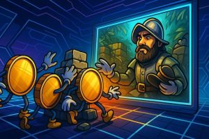 Snapshot of Gonzo’s Quest slot review with anthropomorphic crypto coins in a futuristic digital arena