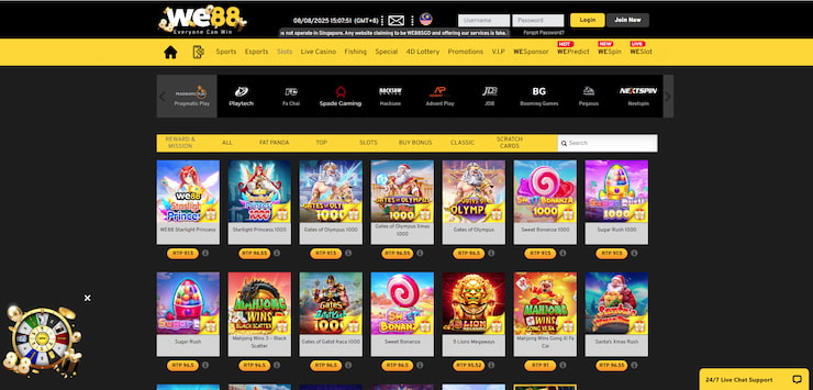 The slots lobby on the WE88 casino, a top casino site for Indonesian players
